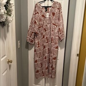 Ashley Stewart White and Tan Long Sleeve Sundress, Plus Size 26/28 NWT